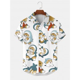 Mens Allover Cartoon Cat Print Button Up Short Sleeve Shirts Winter