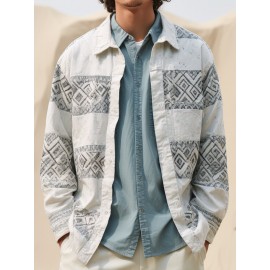 Mens Ethnic Geometric Print Patchwork Lapel Long Sleeve Shirts Winter