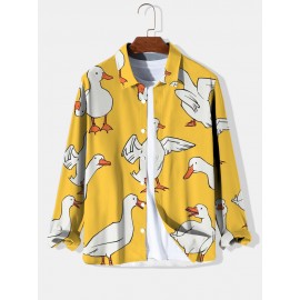 Mens Allover Cartoon Duck Print Lapel Long Sleeve Shirts Winter