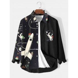 Mens Cartoon Astronaut Spaceship Print Lapel Long Sleeve Shirts Winter