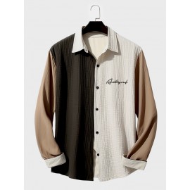 Mens Contrast Patchwork Texture Lapel Cotton Long Sleeve Shirts Winter