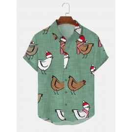 Mens Allover Christmas Chicken Print Lapel Short Sleeve Shirts Winter