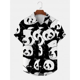 Mens Allover Panda Print Lapel Casual Short Sleeve Shirts Winter