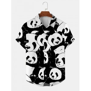 Mens Allover Panda Print Lapel Casual Short Sleeve Shirts Winter