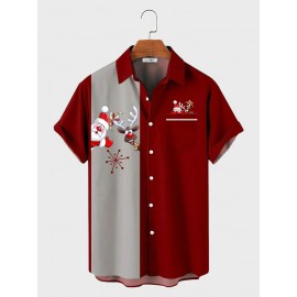 Mens Christmas Santa Claus Elk Print Patchwork Lapel Short Sleeve Shirts