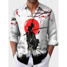 Mens Japanese Ninja Ink Splash Print Lapel Long Sleeve Shirts Winter