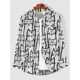 Mens Allover Cartoon Cat Print Casual Long Sleeve Shirts Winter