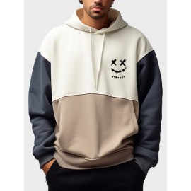 Mens Smile Face Embroidered Patchwork Kangaroo Pocket Drawstring Hoodies Winter