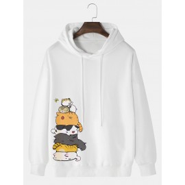 Mens Cartoon Cat Side Print Casual Drawstring Hoodies Winter