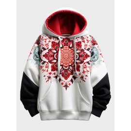 Mens Ethnic Floral Print Patchwork Kangaroo Pocket Drawstring Hoodies Winter