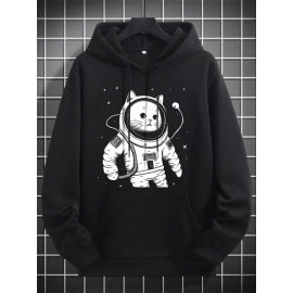 Mens Cartoon Astronaut Cat Print Kangaroo Pocket Drawstring Hoodies Winter