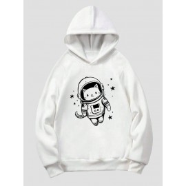 Mens Cartoon Astronaut Cat Print Casual Long Sleeve Hoodies Winter