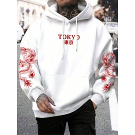 Mens Japanese Tokyo Dragon Print Kangaroo Pocket Drawstring Hoodies Winter