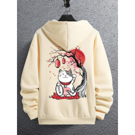 Mens Japanese Lucky Cat Back Print Kangaroo Pocket Drawstring Hoodies Winter