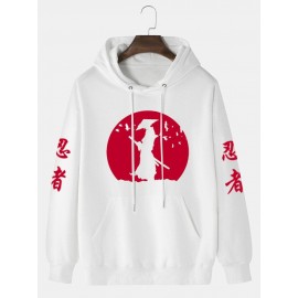 Mens Japanese Ninja Graphic Kangaroo Pocket Drawstring Hoodies Winter