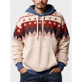 Mens Ethnic Pattern Kangaroo Pocket Contrast Drawstring Hoodies Winter