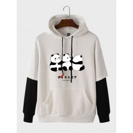 Mens Cute Panda Print Contrast Patchwork Drawstring Hoodies Winter