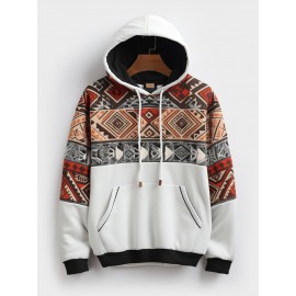 Mens Ethnic Geometric Print Patchwork Contrast Kangaroo Pocket Hoodies Winter