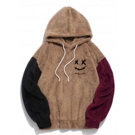 Mens Smile Face Embroidered Patchwork Plush Drawstring Hoodies Winter