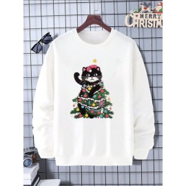 Mens Christmas Cat Print Crew Neck Casual Pullover Sweatshirts Winter