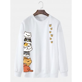 Mens Cute Cat Side Print Crew Neck Pullover Sweatshirts Winter