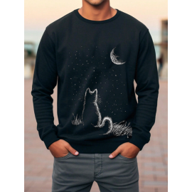 Mens Cat Moon Starry Sky Print Crew Neck Pullover Sweatshirts Winter