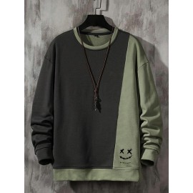 Mens Smile Print Two Tone Patchwork Pullover Sweatshirts Winter