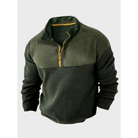 Mens Waffle Knit Contrast Patchwork Half Zip Pullover Sweatshirts Winter