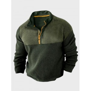 Mens Waffle Knit Contrast Patchwork Half Zip Pullover Sweatshirts Winter