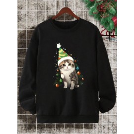 Mens Christmas Tree Cat Print Crew Neck Pullover Sweatshirts Winter