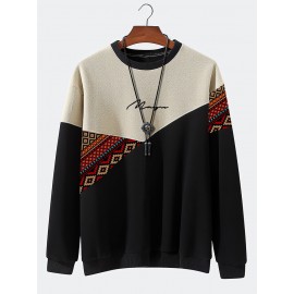 Mens Ethnic Geometric Print Patchwork Crew Neck Pullover Sweatshirts Winter