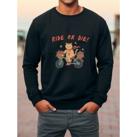 Mens Cartoon Ride Cat Print Crew Neck Pullover Sweatshirts Winter