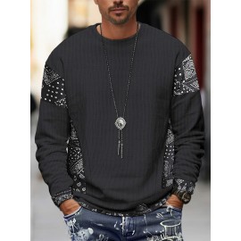 Mens Ethnic Paisley Print Patchwork Texture Crew Neck Pullover Sweatshirts Winter